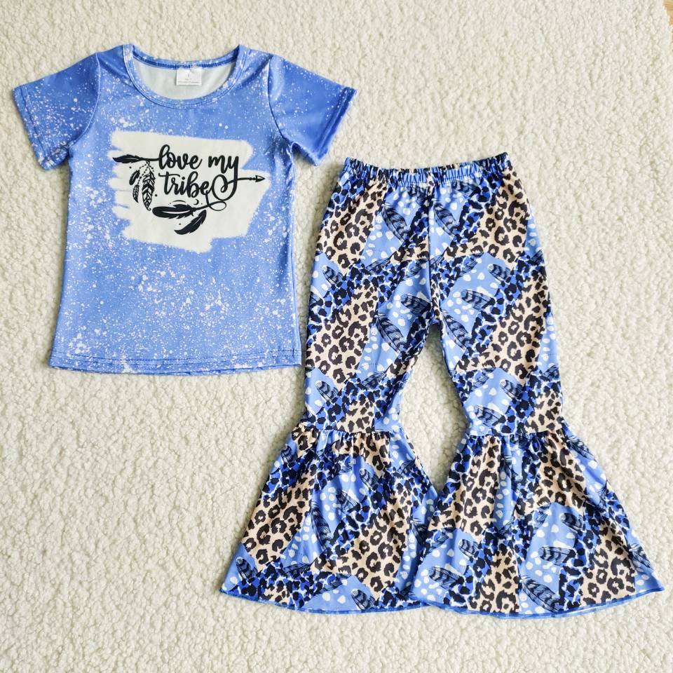 B8-25 girl clothes blue love my short sleeve fall spring set-promotion