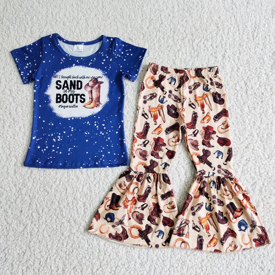 B8-30 girl clothes blue sand boots fall spring short sleeve set-promotion
