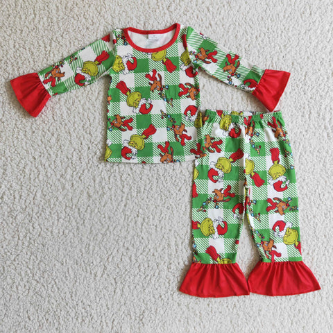 GLP0295 baby girl clothes green cartoon pajamas set