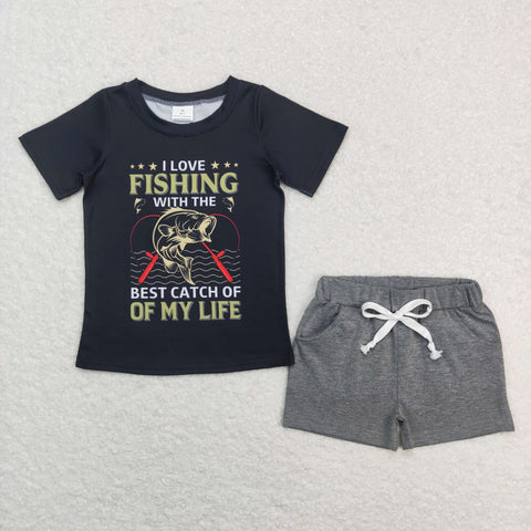 BSSO0474 baby boy clothes boy I love fishing balck summer outfits