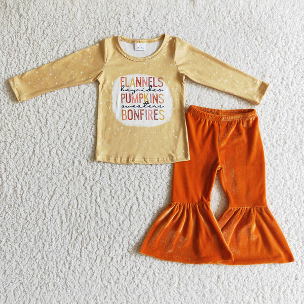 GLP0222 toddler girl outfits pumpkin velvet bell botton set