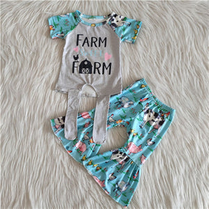 girl blue farm cow short sleeve spring fall set