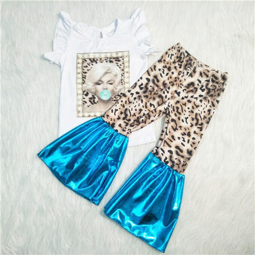 B4-13 girl leopard blue short sleeve fall spring set-promotion 7.17