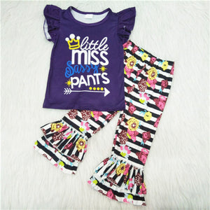 girl miss pants purple floral stripe flower short sleeve fall spring set
