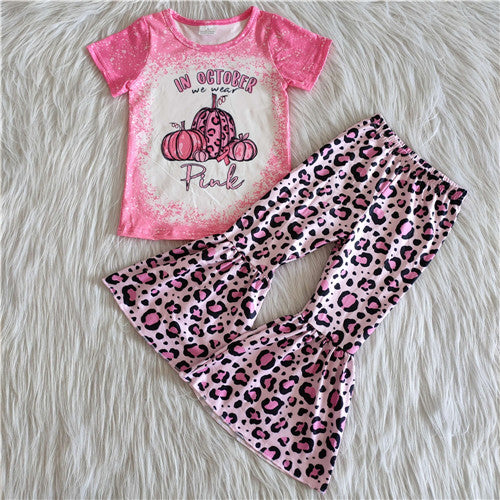 girl clothes halloween pink leopard pumpkin short sleeve fall spring set