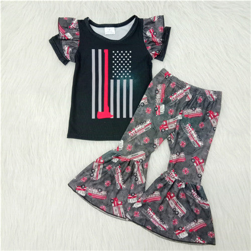 C7-24 baby girl clothes girl fire truck short sleeve spring fall set-promotion 2023.8.7