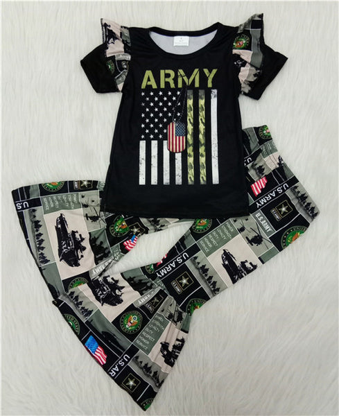 A16-16 kids clothes girls green army short sleeve spring fall set-promotion