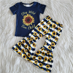 A2-3 girl stay wild sunflower short sleeve spring fall set-promotion 2023.12.30