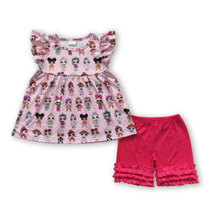 C5-14 toddler girl clothes summer pink cartoon flutter sleeve set