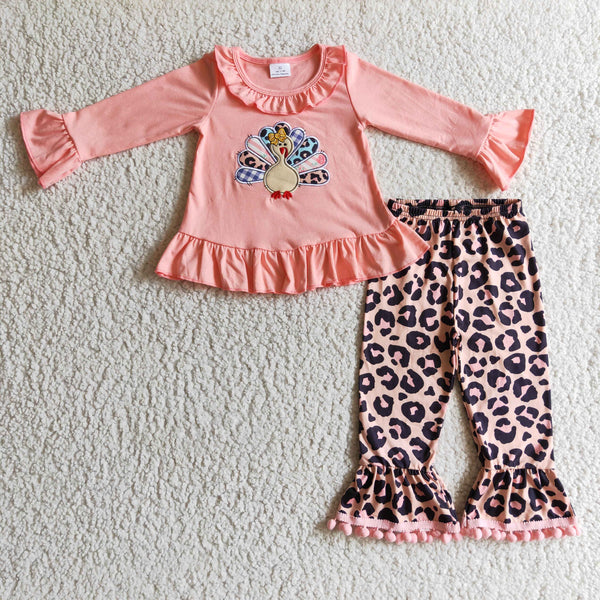 GLP0203 embroidery  turkey set leopard thanksgiving outfits