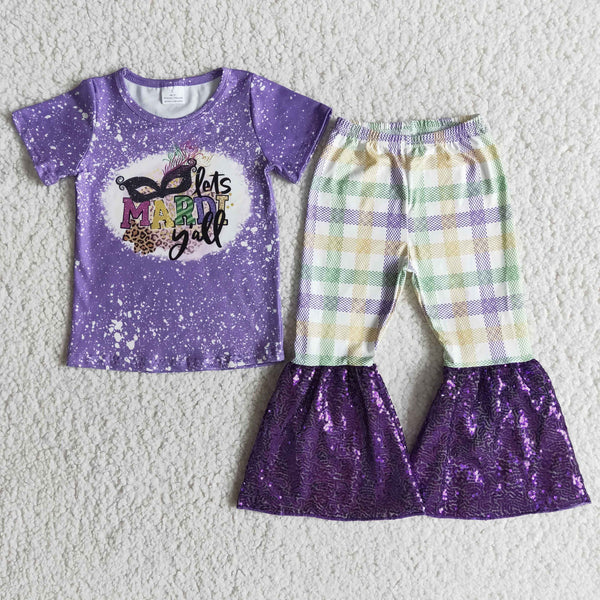 E5-17 toddler girl clothes purple Mardi Gras sequin bell bottom outfit