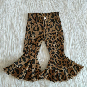 C7-13 teenage girls clothing girls pants leopard jeans girls bell bottom pants