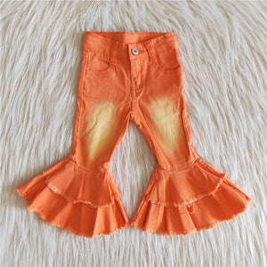 Girls orange bleach double ruffles denim trousers Jeans