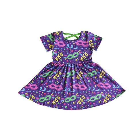 E10-3 kids clothes girls purple short sleeve Mardi Gras twirl dress