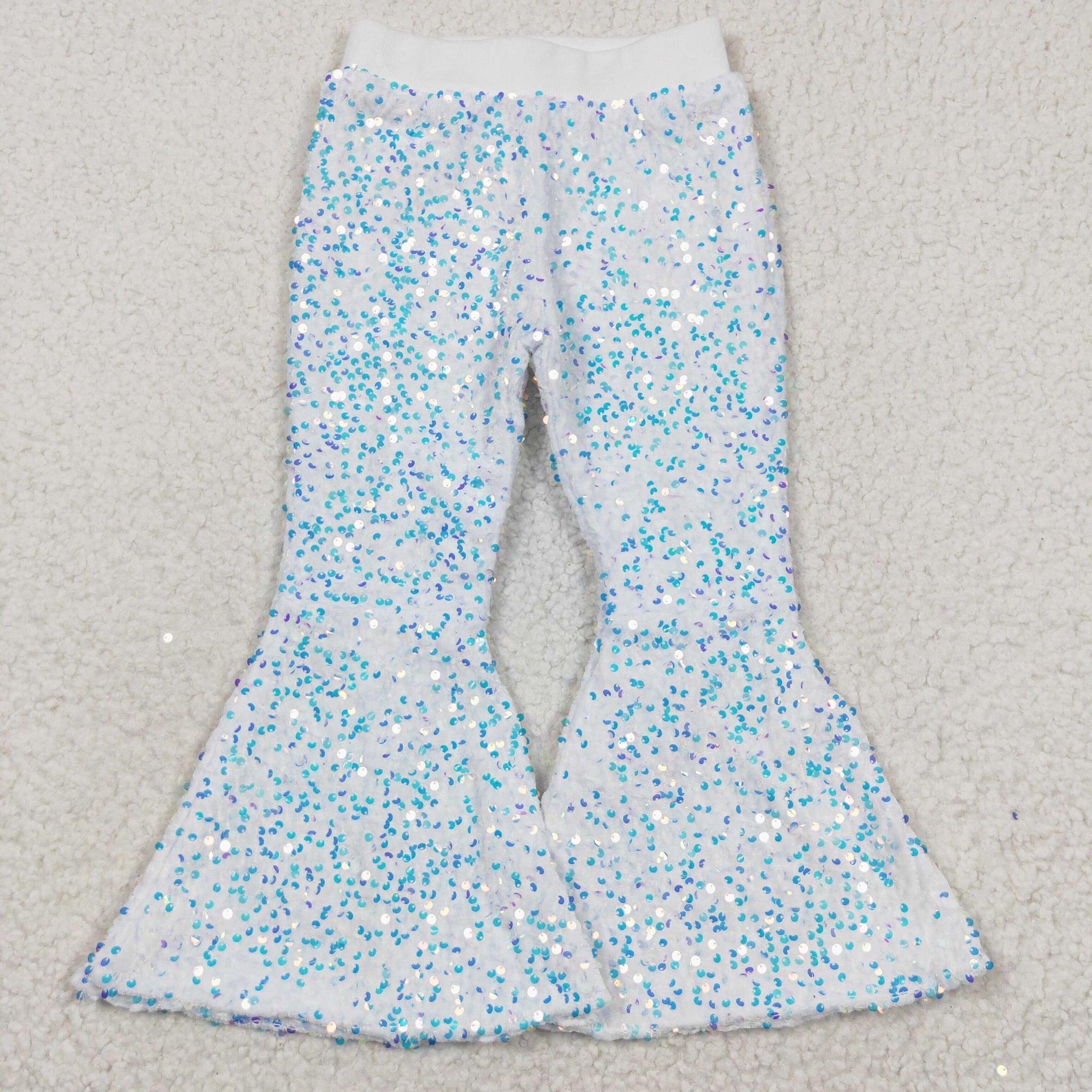 C16-20 teen girl clothing bell bottom white blue  sequin pants