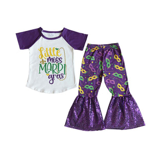 E7-27 kids clothes girls purple sequin mardi gras bell bottom outfits
