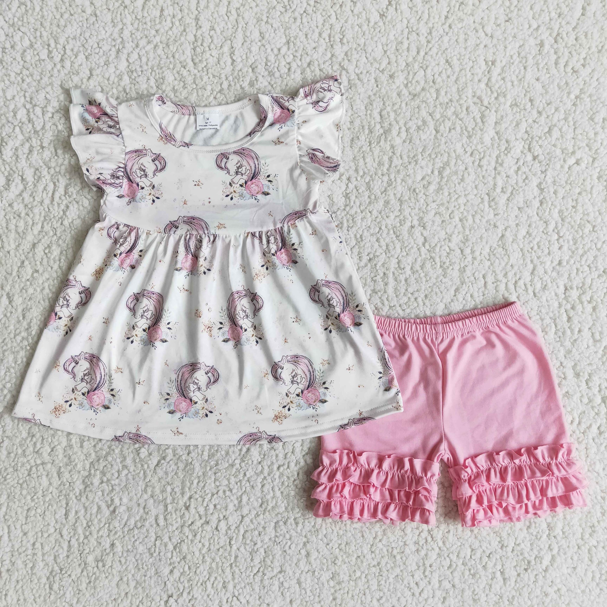 A6-9-1 girl clothes summer unicorn pink flutter sleeve set-promotion