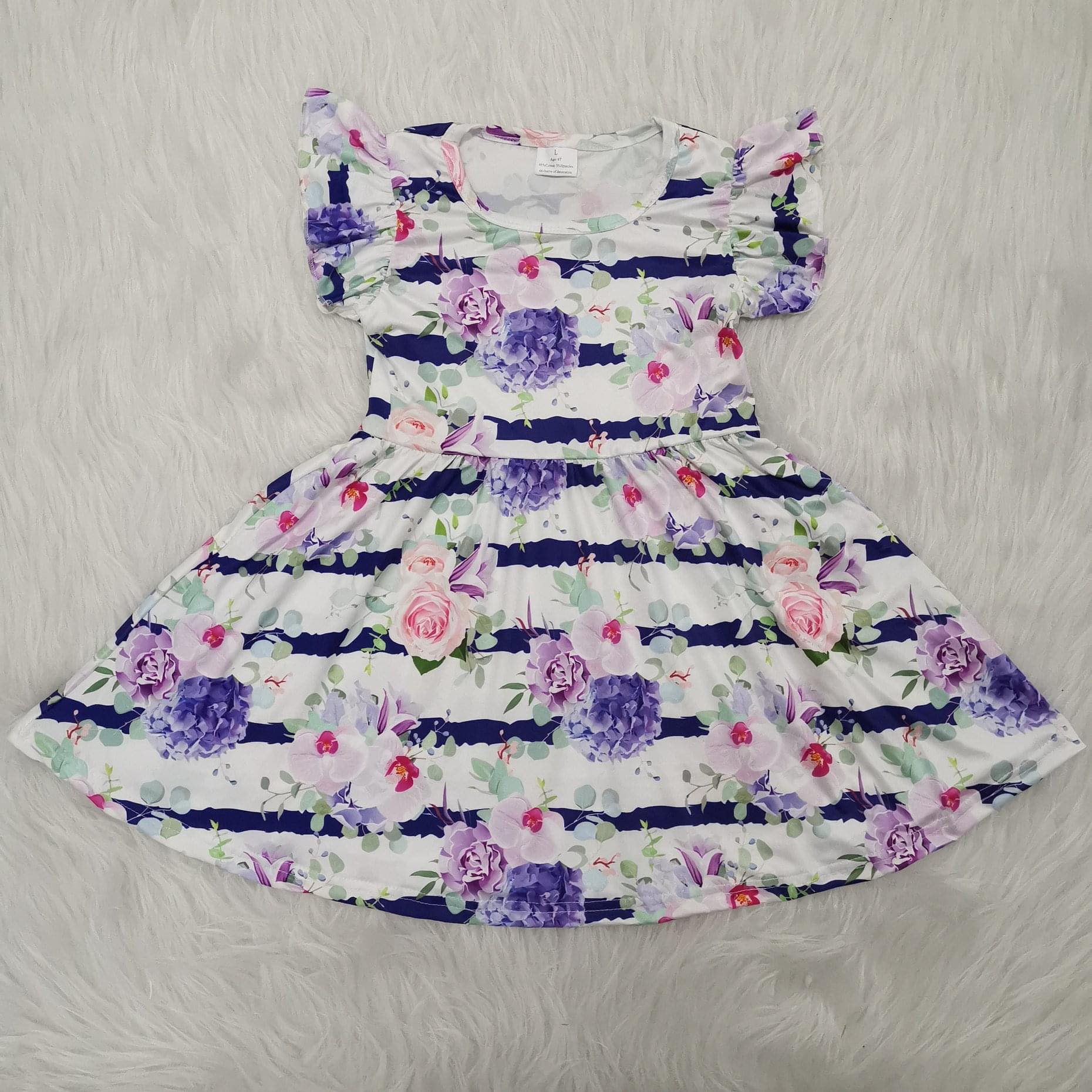 A8-6 girl flutter sleeve purple flowers summer dress pearl dress