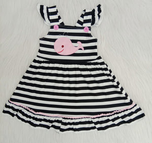girl black stripe applique whale summer dress