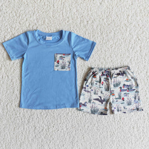 E8-15 baby boy clothes duck blue pocket summer outfits