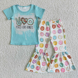 A14-4 girl clothes peace love donut blue short sleeve spring fall set-promotion