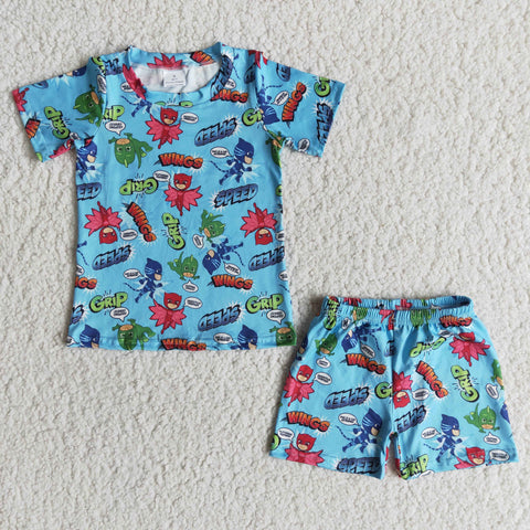 E12-5 promotion boy clothes blue cartoon short sleeve 2pcs set pajamas