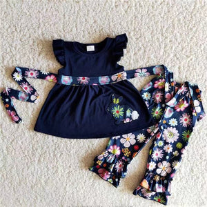 B10-15 baby girl clothes navy bunny embroidery outfits