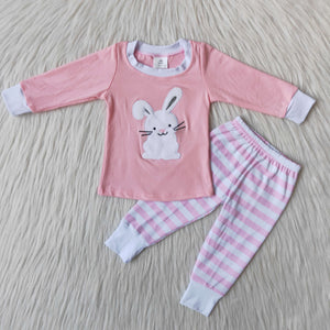 6 B8-25 girl easter pink bunny rabbit emboridery winter long sleeve set pajamas-promotion 2024.2.24