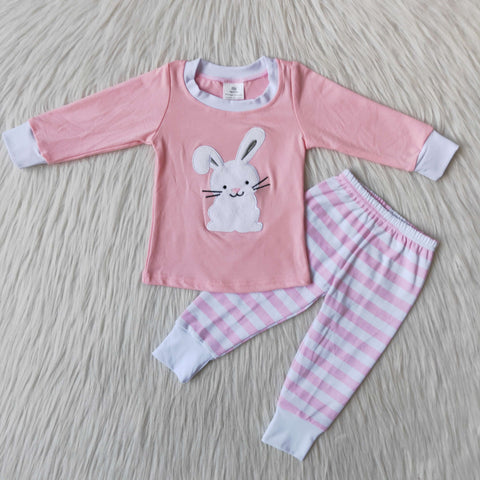 6 B8-25 girl easter pink bunny rabbit emboridery winter long sleeve set pajamas-promotion 2024.2.24