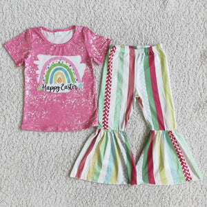 girl happy easter pink colorful stripe set