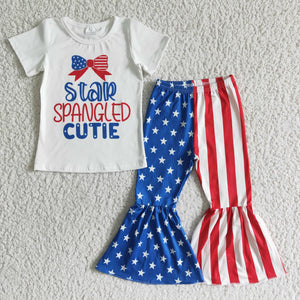 NC0006 toddler girl clothes 4th of July patriotic girl bell bottom outfit