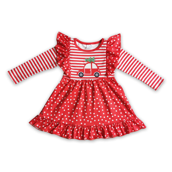 GLD0145 toddler girl dresses red tree truck christmas dress