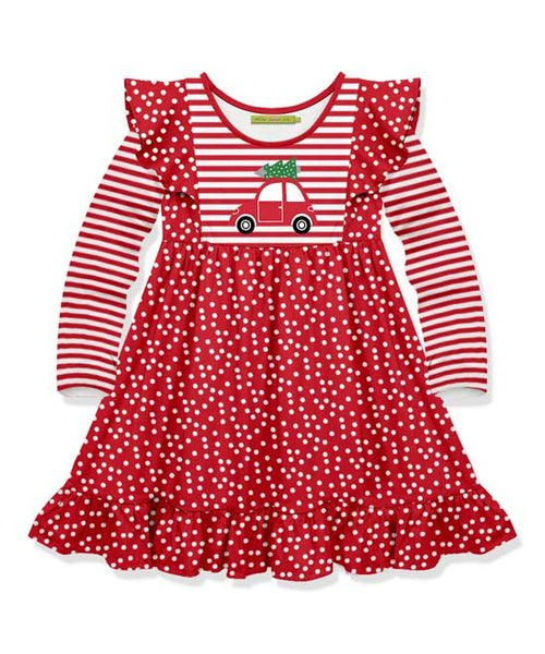 GLD0145 toddler girl dresses red tree truck christmas dress