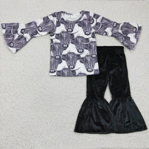 GLP0422 toddler girl clothes black cow bell bottom winter outfits (velvet pant set)