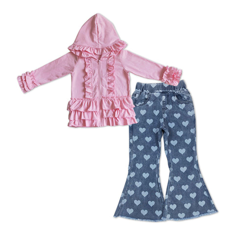 GLP1145 baby girl clothes pink hooded jacket girl valentines day bell bottom outfit