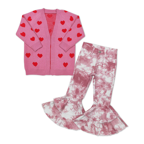 GLP1146 baby girl clothes pink heart cardigan girl valentines day bell bottom outfit
