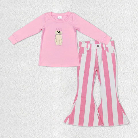 GT0408 baby girl clothes embroidered dog bow pink girl denim bell bottoms outfit