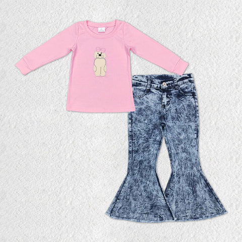 GLP1148 baby girl clothes embroidered dog bow  girl blue denim bell bottoms outfit