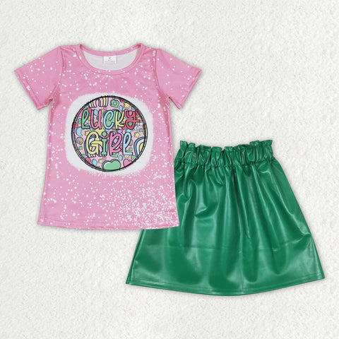 GSD0854 baby girl clothes lucky girl St. Patrick summer leather skirt set