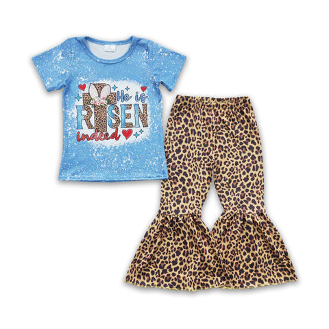 GSPO0274 kids clothes girls blue risen leopard bell bottom outfit easter outfits
