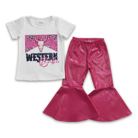 GSPO0453 baby girl clothes hot pink western clothing bell bottom set