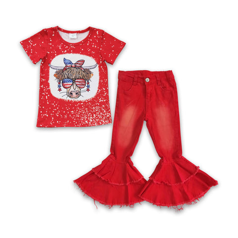 GSPO0541 kids clothes girls 4th of july patriotic toddler bells bottom outfit