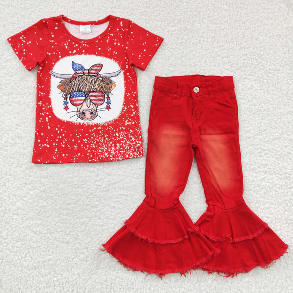 GSPO0541 kids clothes girls 4th of july patriotic toddler bells bottom outfit