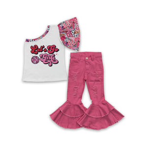 GSPO0594 toddler girl bell bottom outfit let's go girls denim pant outfit