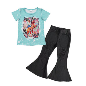 GSPO0596 toddler girl bell bottom outfit girl western outfit girl denim pant set
