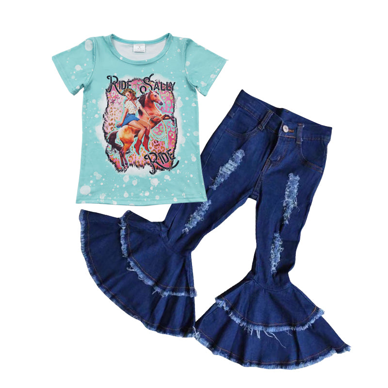 GSPO0601 toddler girl bell bottom outfit girl western outfit girl denim pant set