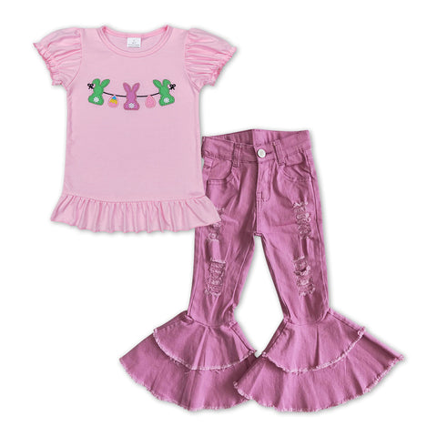 GSPO1090 baby girl clothes embroidered bunny easter bell bottom outfit