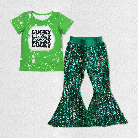 GSPO1297 baby girl clothes cow pattern lucky girl St. Patrick sequin flared pants outfits