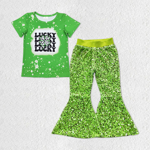 GSPO1298 baby girl clothes cow pattern lucky girl St. Patrick sequin flared pants outfits