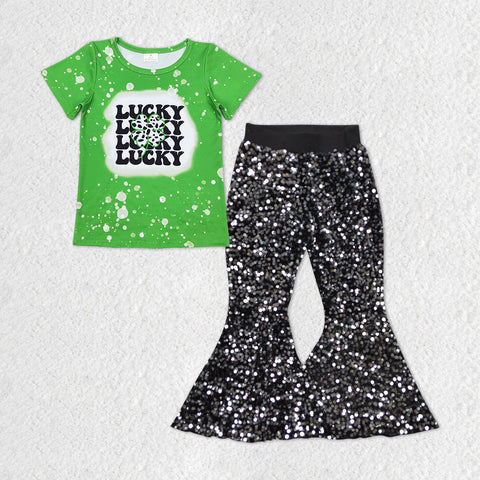 GSPO1299 baby girl clothes cow pattern lucky girl St. Patrick sequin flared pants outfits